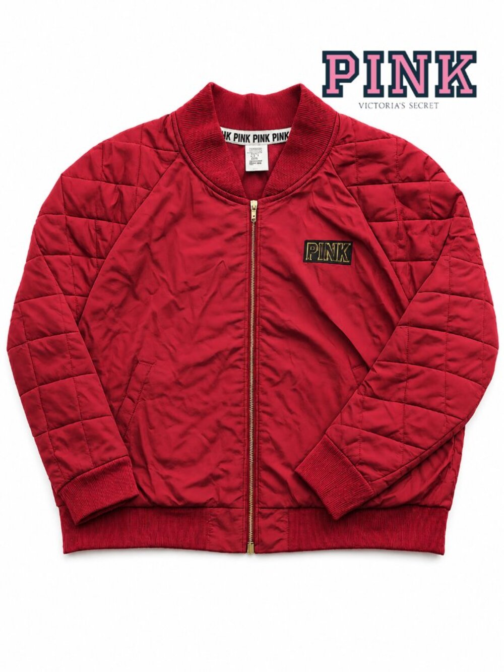 PINK Victoria's Secret Quilted Bomber Jacket Burgundy Maroon Gold Logo Size L